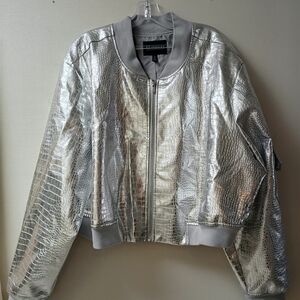 Eloquii Metallic Croc-Embossed Silver Bomber Jacket